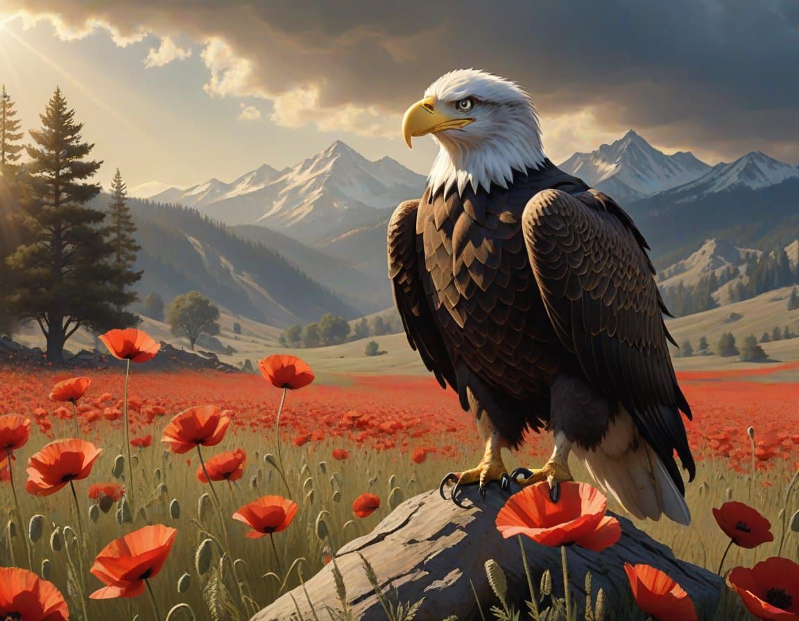 Regal Bald Eagle Soars on a Field of Red Poppies