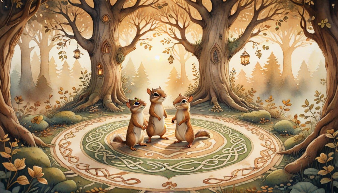 Whimsical Chipmunks Dance: Watercolour with Ink Details