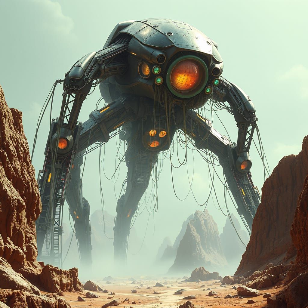 Giant Mecha Silt Strider Dominates Cyberpunk Cityscape