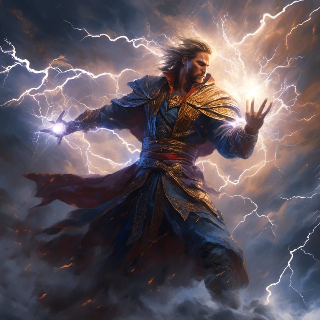 Powerful Mage Casting Lightning, Digital Art