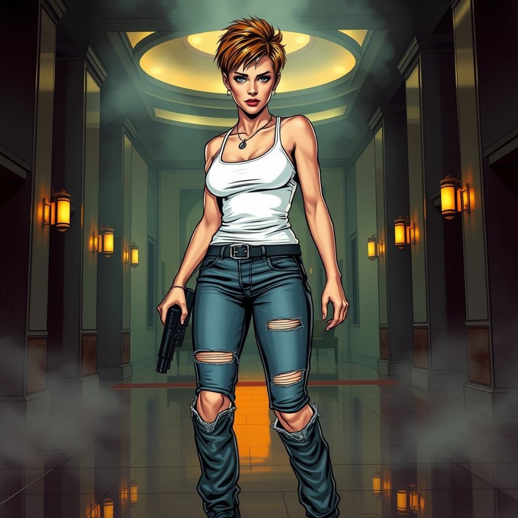 Detective John McClane in Die Hard as a beautiful feminine woman white tank top