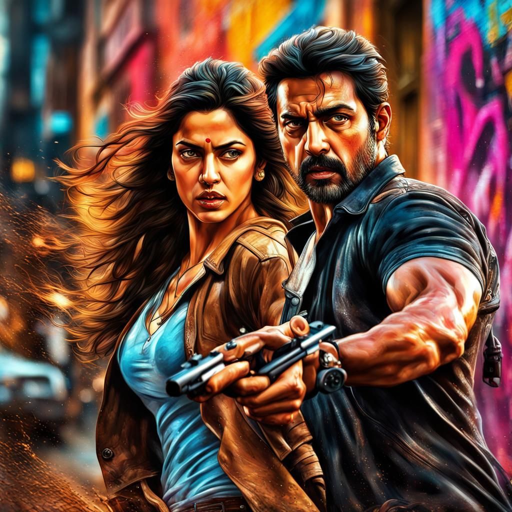 Hyperrealistic Bollywood Action Movie Scene