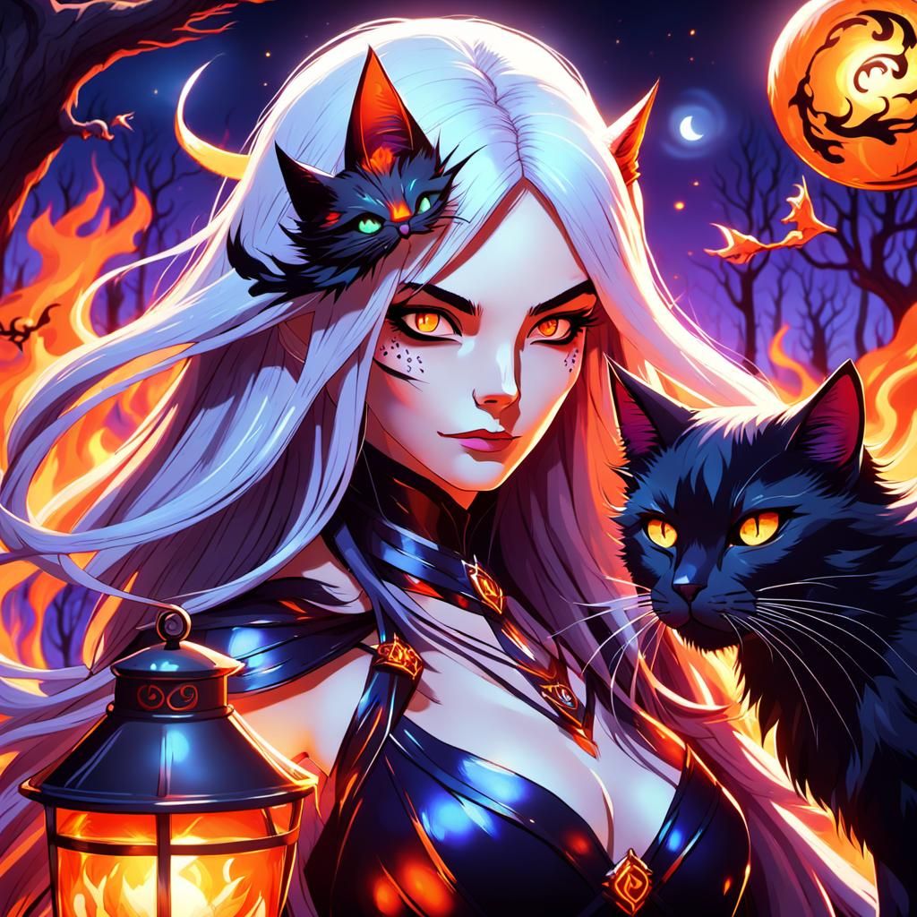 Anime Witch with Fire Powers and Black Cat