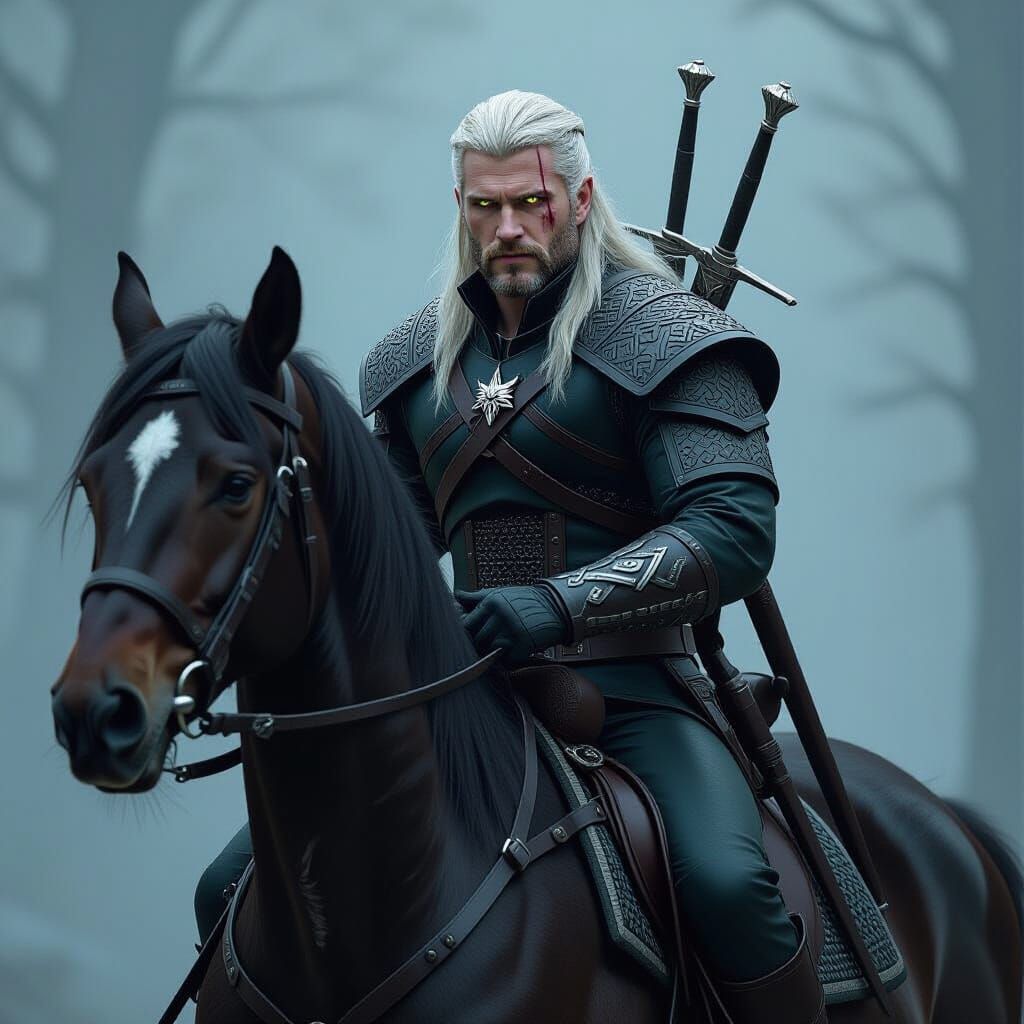 Geralt of Rivia on Roach in Dark Fantasy Style