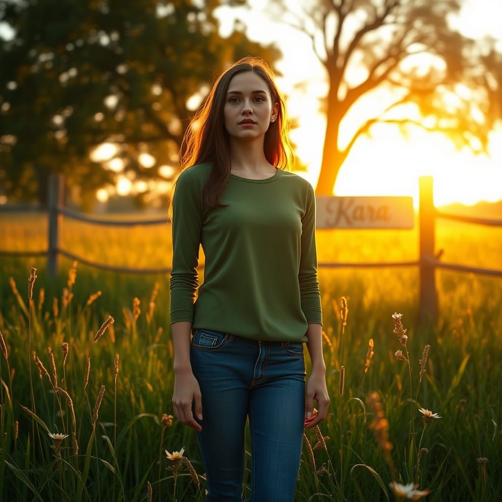 Sunset Serenity: Woman in Meadow, Digital Matte Painting