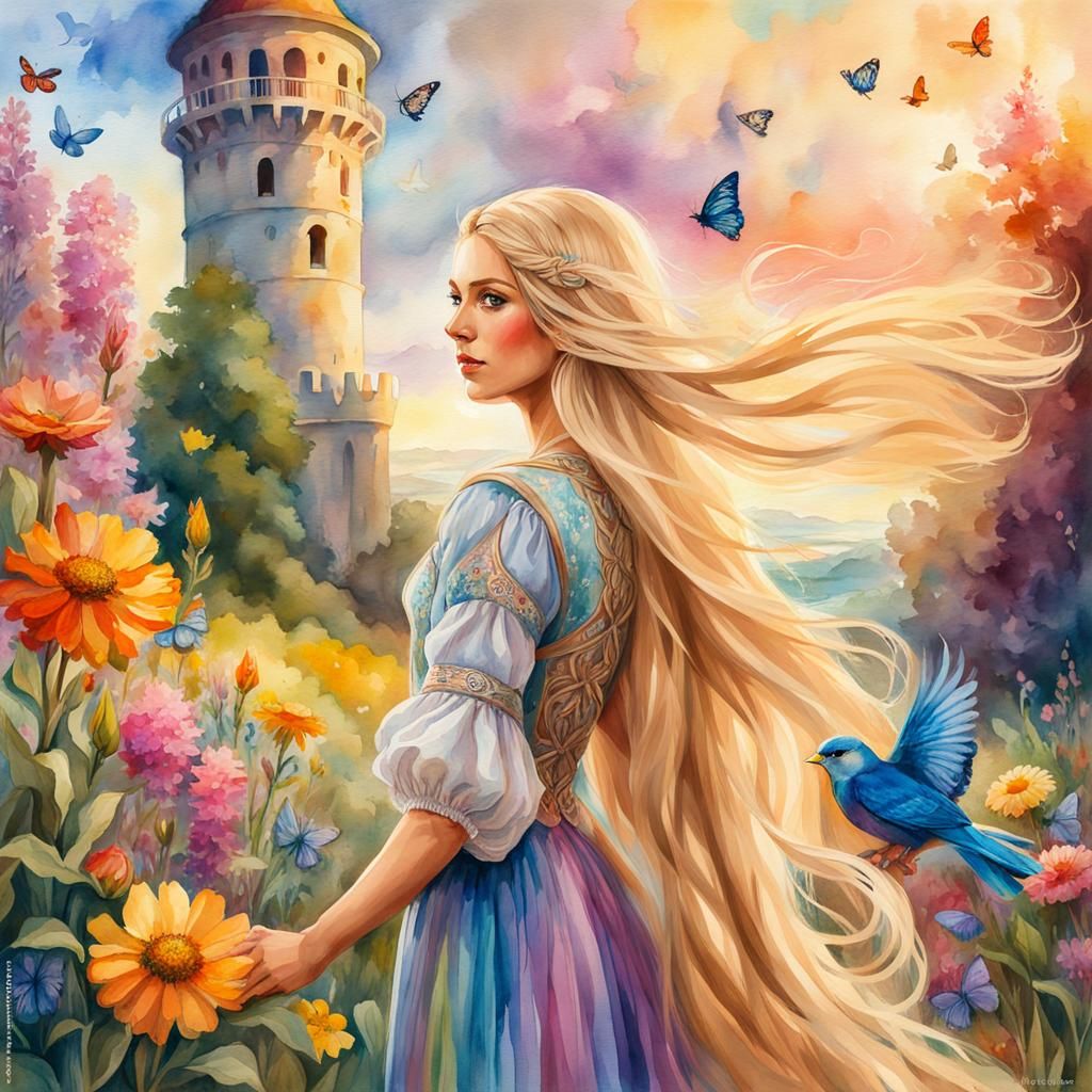 Rapunzel Inspired Watercolor Fantasy Illustration