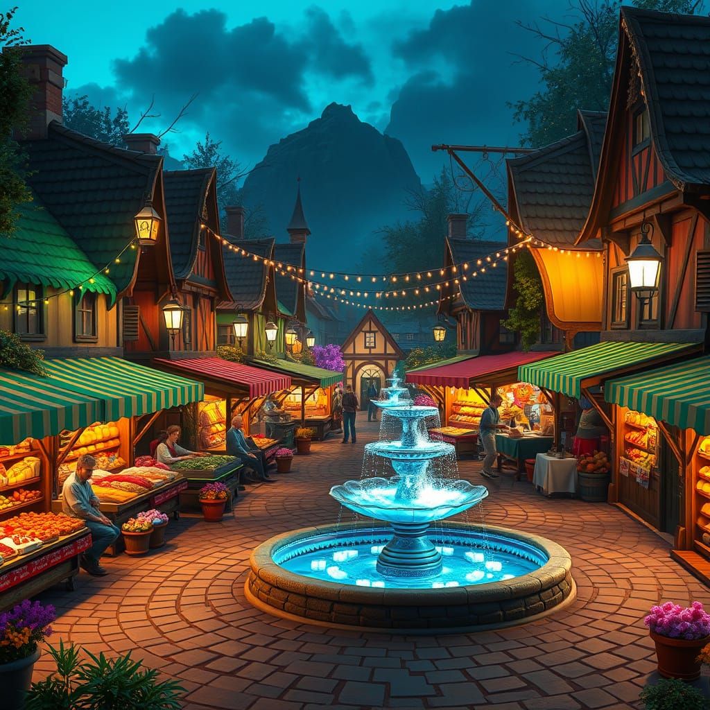 Whimsical Village Square at Dusk, Illuminated by Golden Stre...