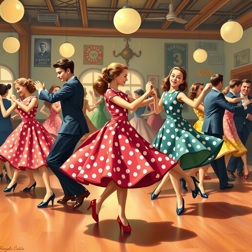 Energetic Jitterbug Dancers in a 1940s Dance Hall