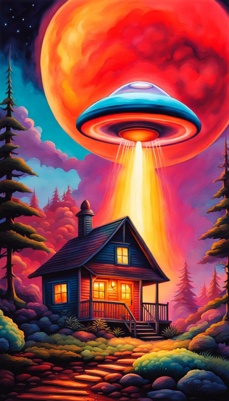 Groovy UFO Over Cottage in Dreamscape Terrarium