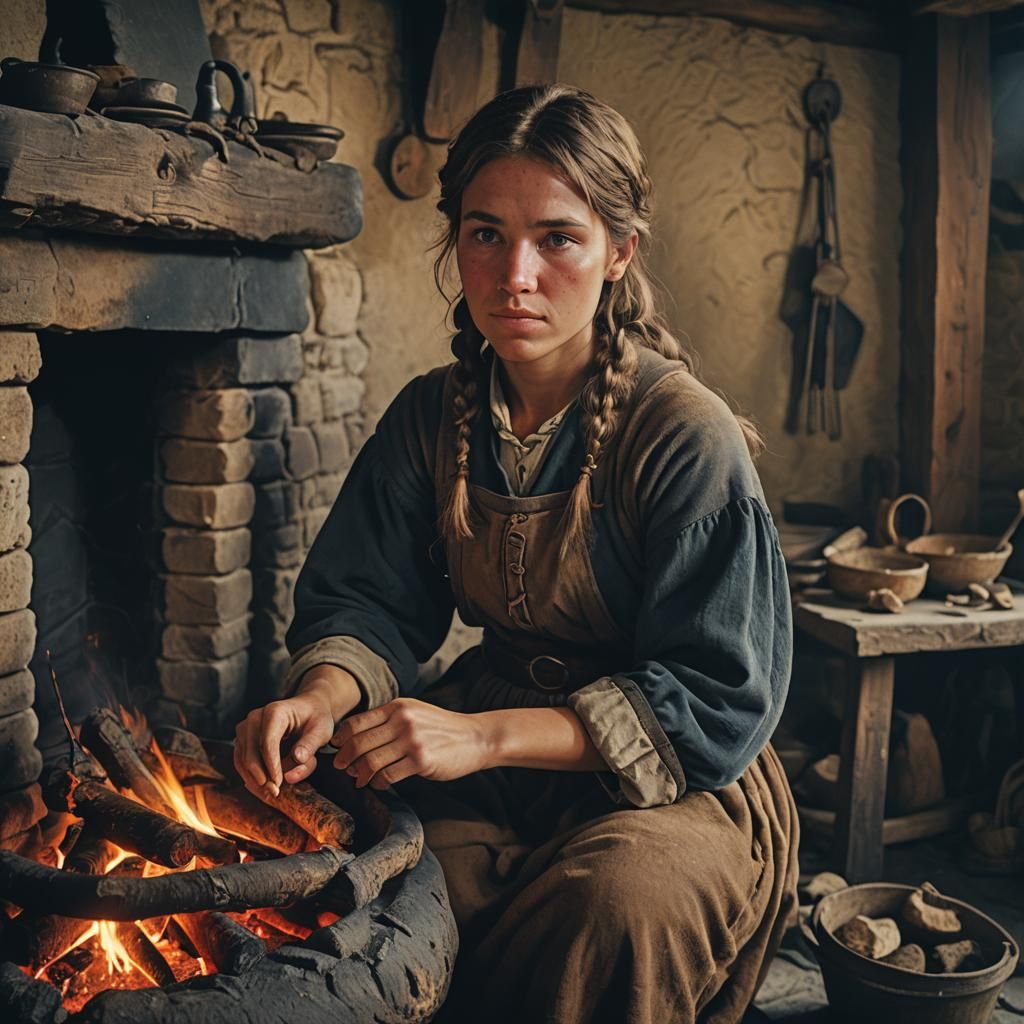 Peasant Girl by Hearth in Cinematic Style