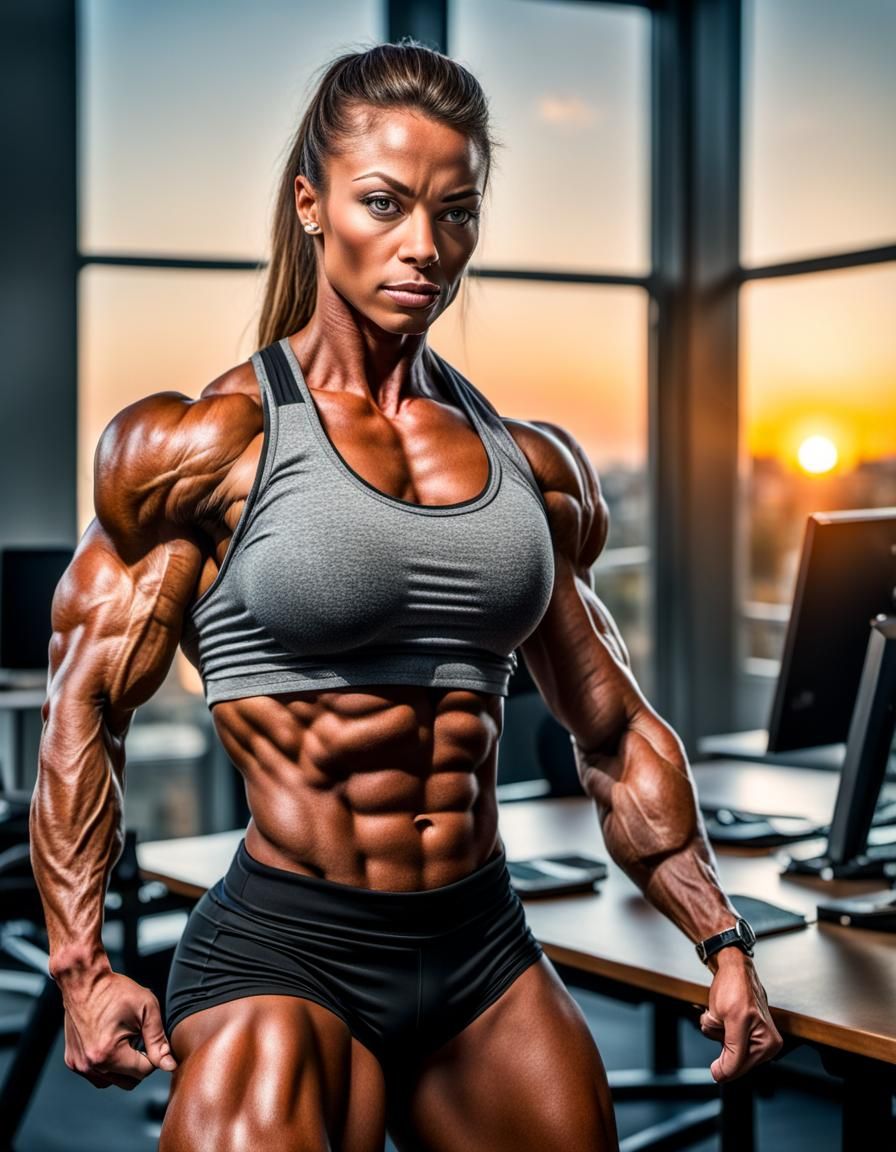 Muscular Bodybuilder Posing at Office Sunset: Hyperrealistic...