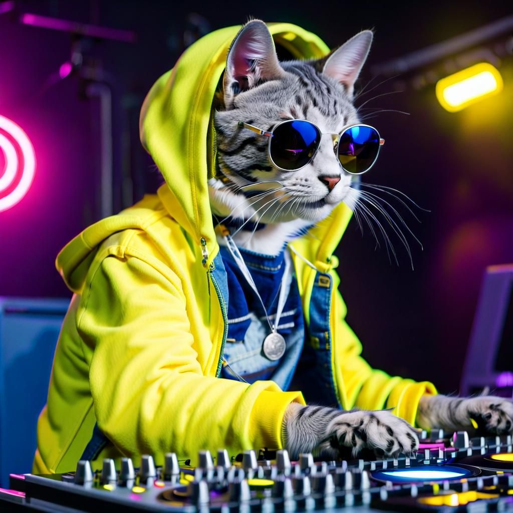 Cool Cat DJ Mixing Music in Neon Club