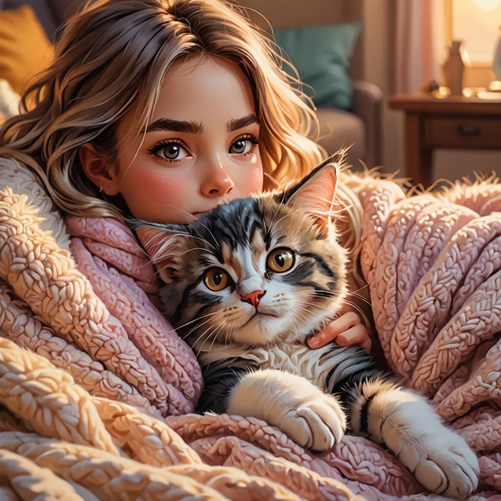 Girl and Kitten Cuddle: Soft Pastel Digital Art