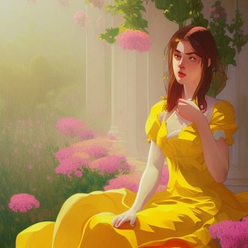 Girl in Yellow Dress with Pink Flowers