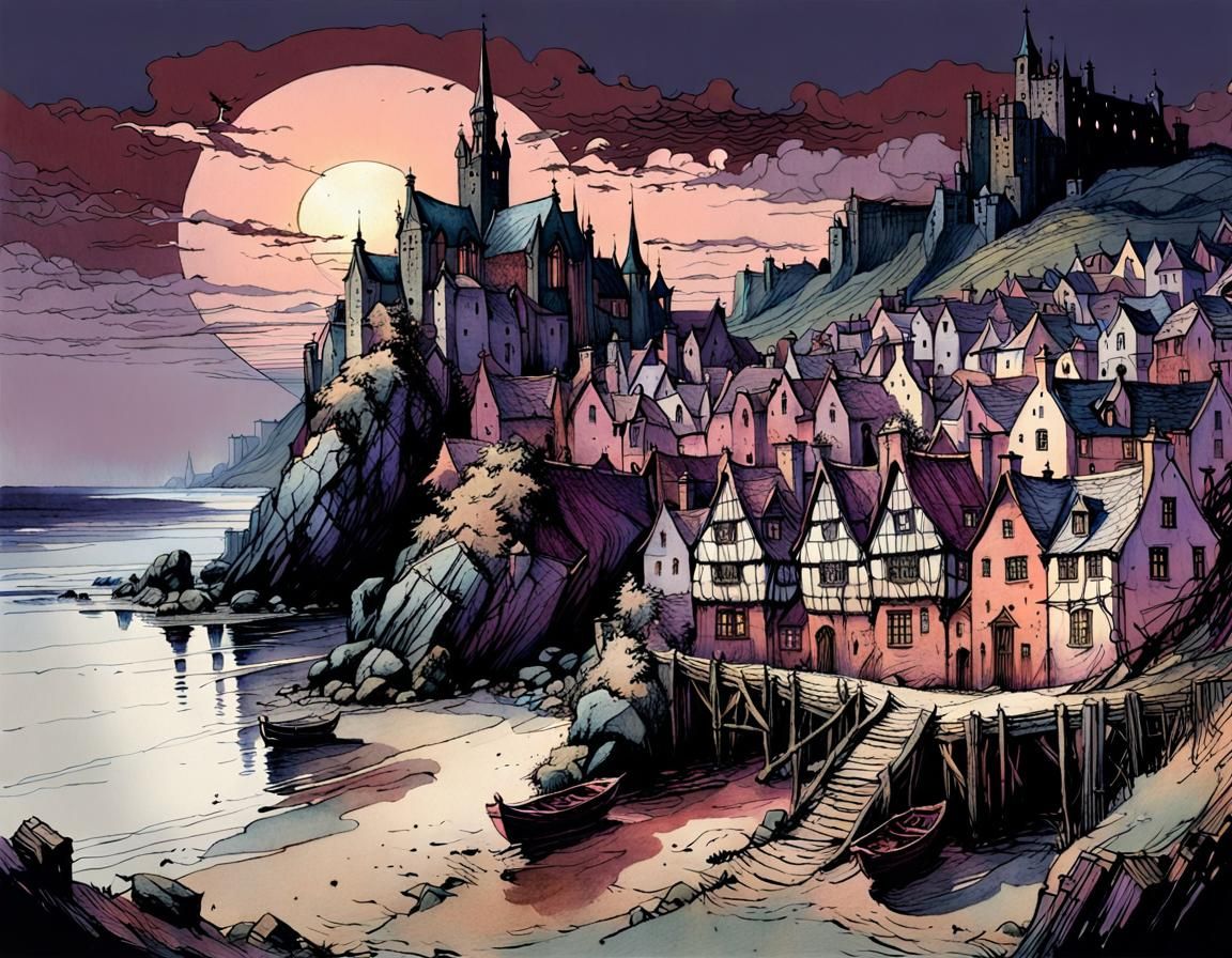 Coastal Medieval Town in Mysterious Style