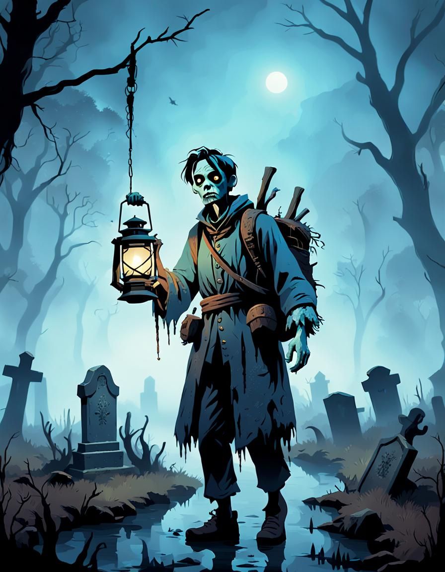 Eerie Lantern in Foggy Gothic Horror Swamp