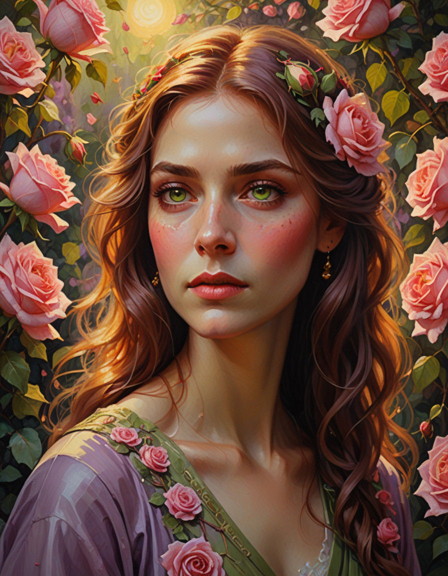 Woman Emanating Light Amidst Lush Foliage in Oil Painting