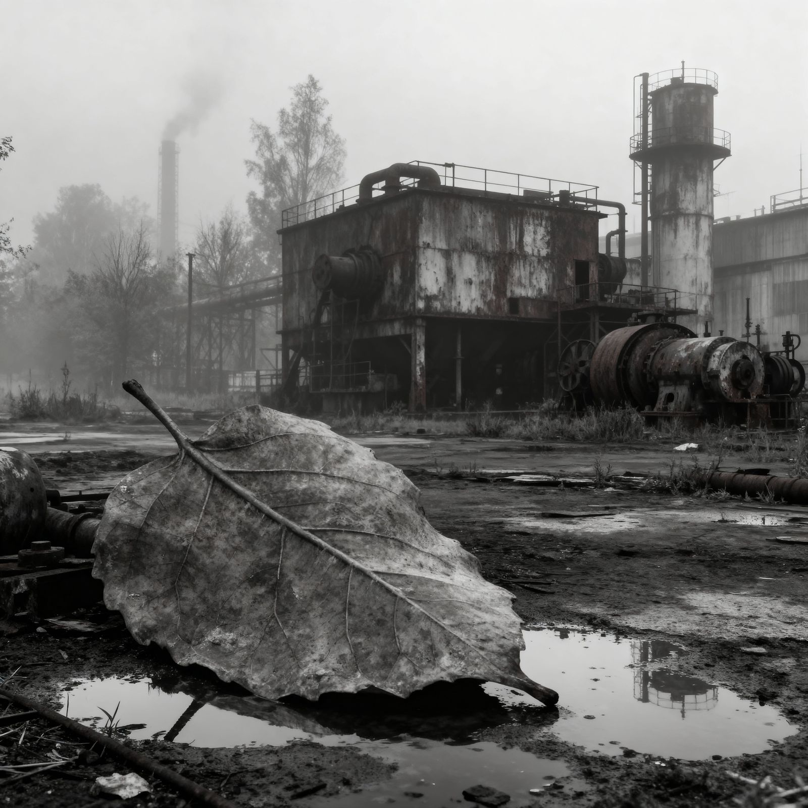 Cinematic Grayscale Industrial Park in Fog