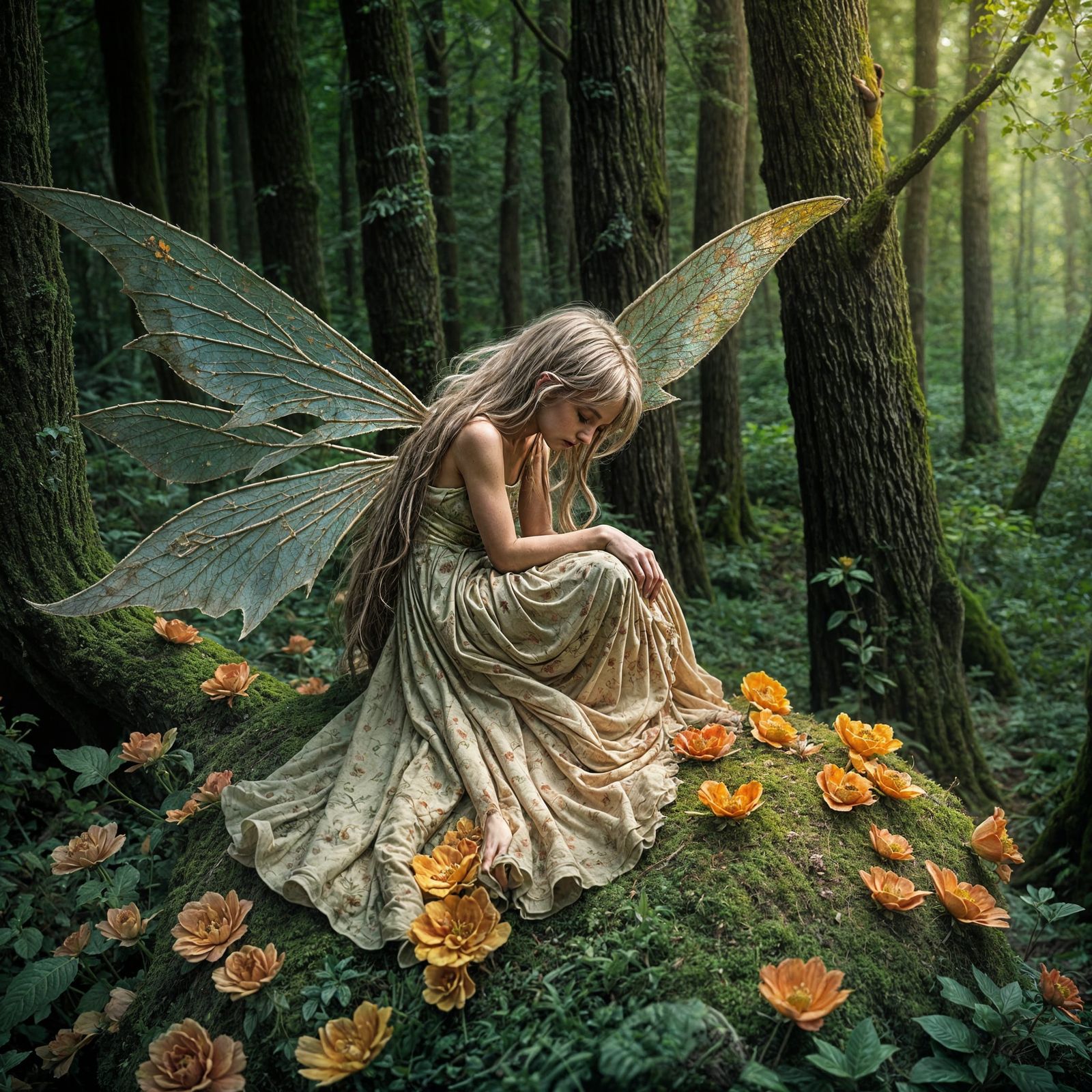 Solitary Damaged Fairy in Whimsical Forest