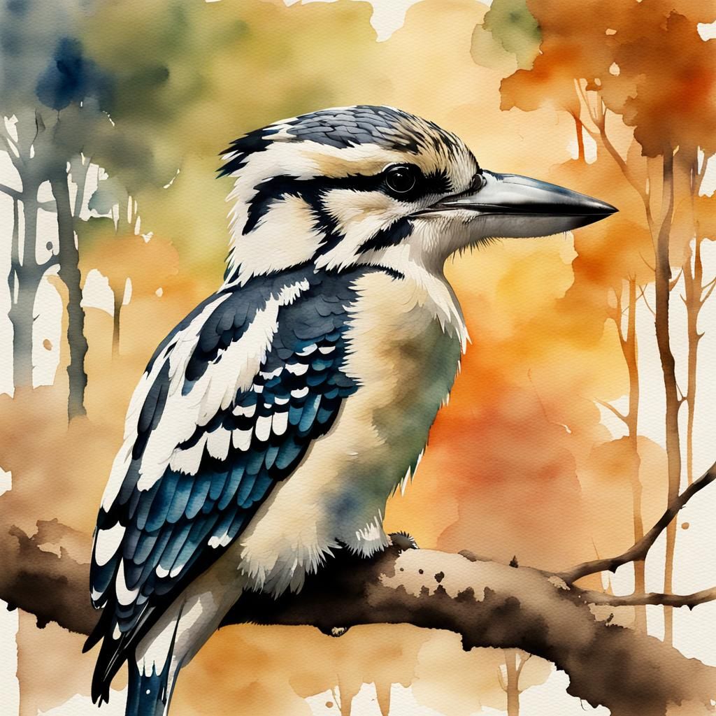 Kookaburra in Watercolour with Tree Silhouettes