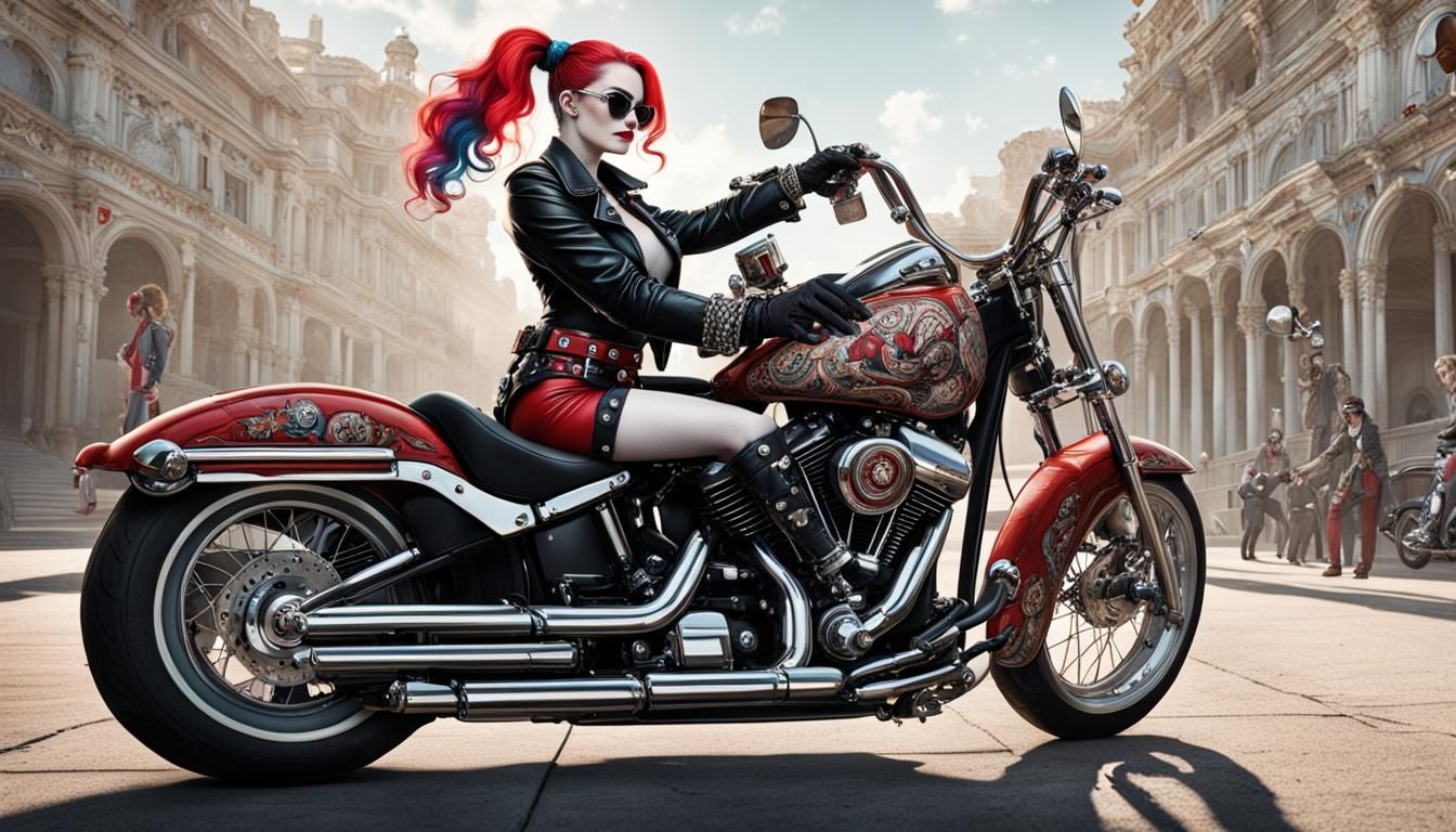 Harley Quinn on Motorcycle, Rococo Hyperdetailed Art