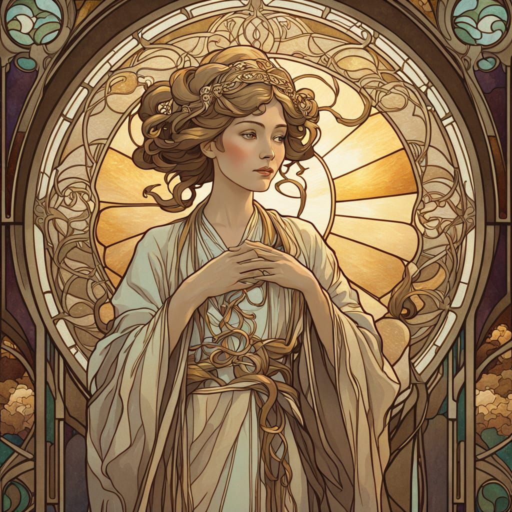 Art Nouveau Woman in Stained Glass Light