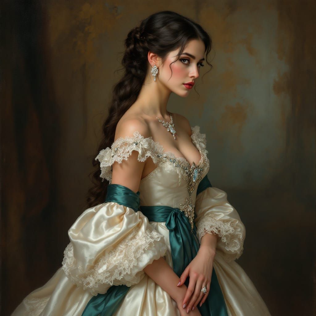Elegant Woman in Ivory Silk Gown, Old Master Style