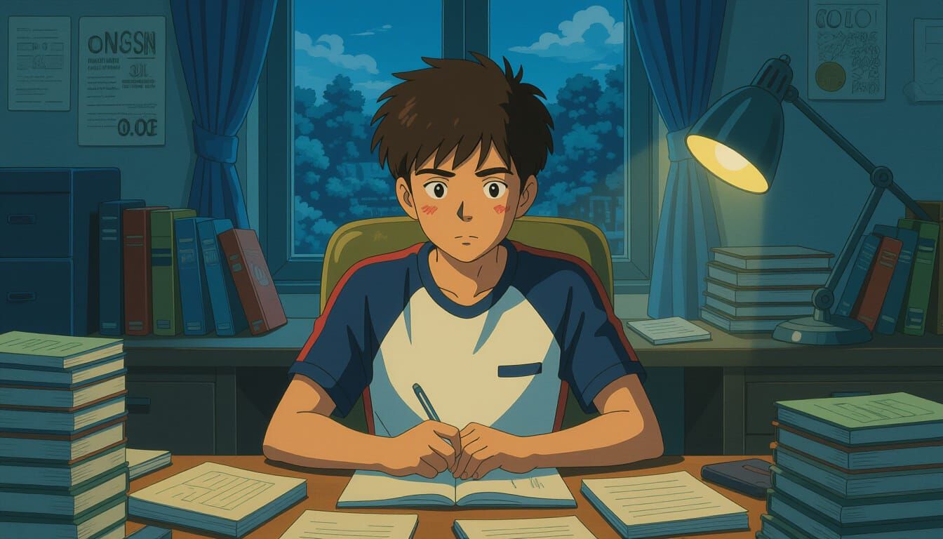 Teenage Boy Studying Late Night in Anime Style