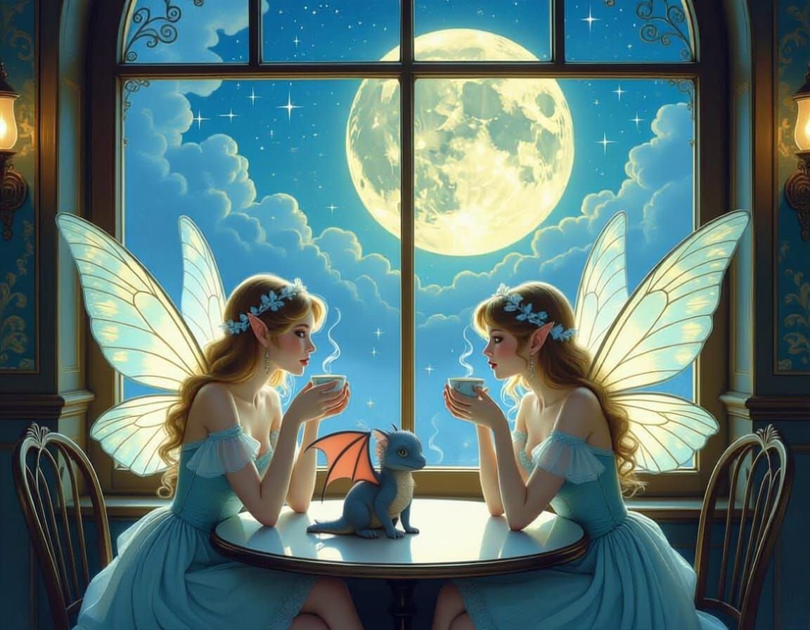 Fairies Enjoy Coffee in Moonlit Enchanted Cafe