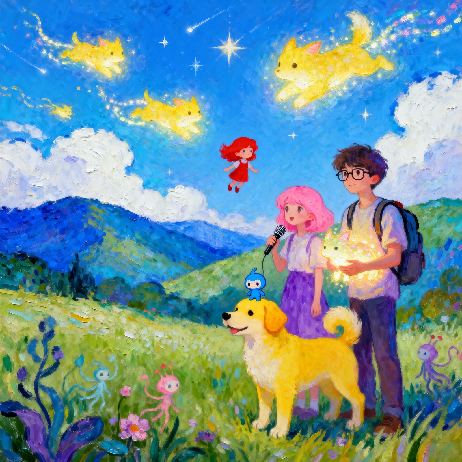 Whimsical Enchanted Landscape with Cartoon Characters