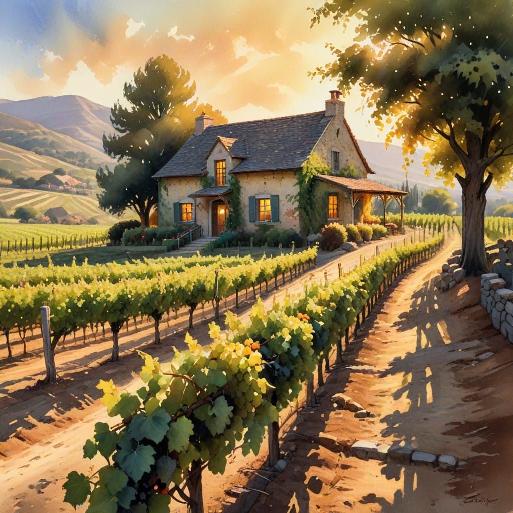 Golden Hour Vineyard in Impressionistic Style
