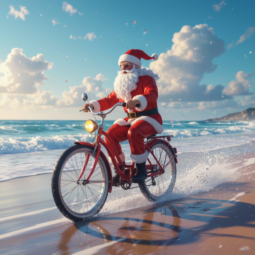 Santa Claus Cycling on a Vibrant Beach
