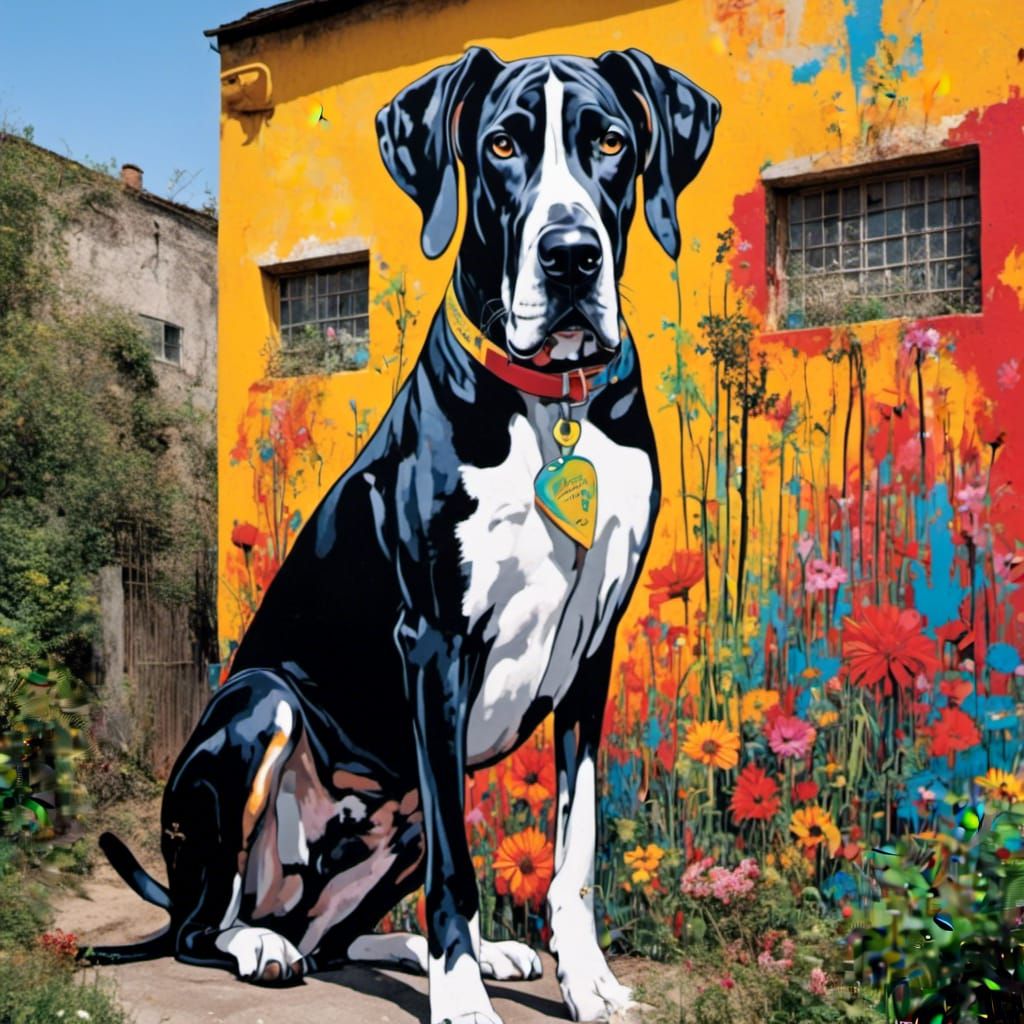 Great Dane in Neo-Expressionist Graffiti Mural