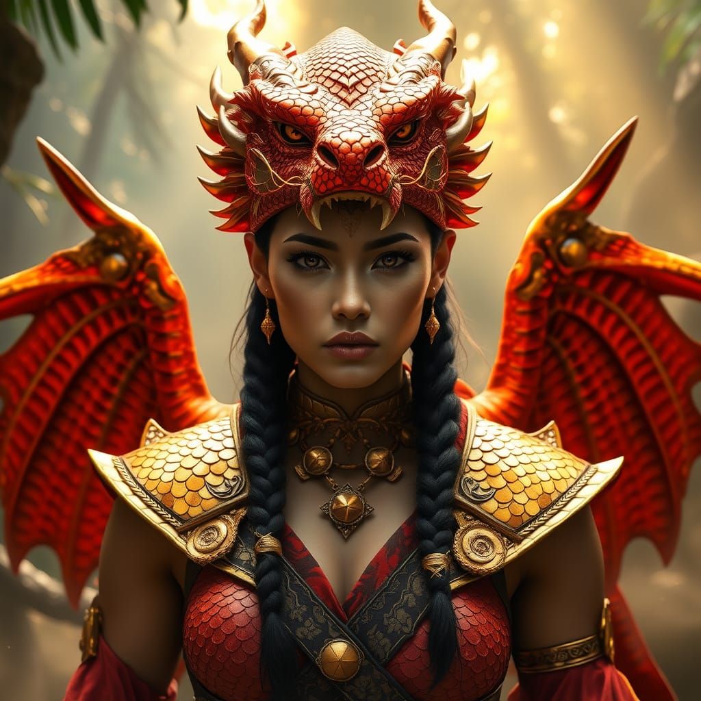 Mystical Amazonian Warrior Priestess in Golden Dragon Attire