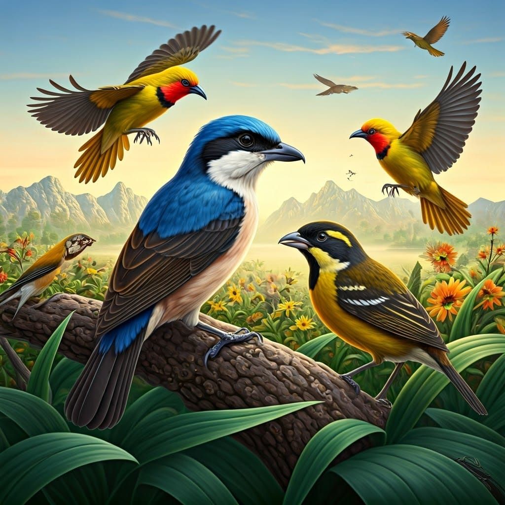 Birds in a Whimsical Garden in Watercolour