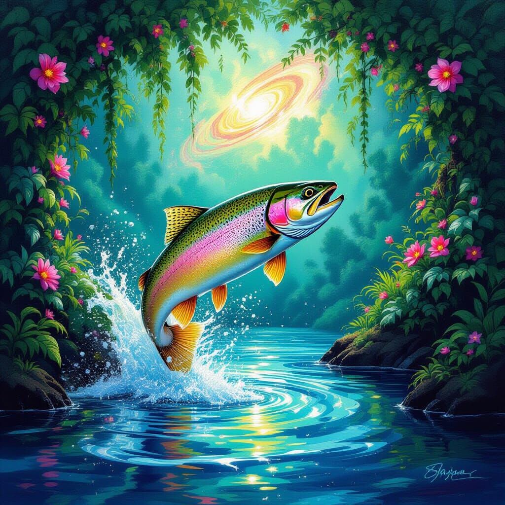 Majestic Trout Leaps From Dreamlike River Revealing Galaxy