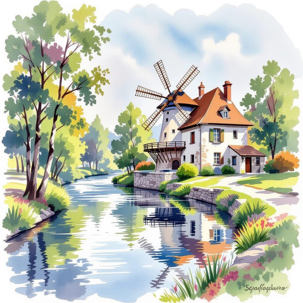 Watercolor Mill by River and Woods
