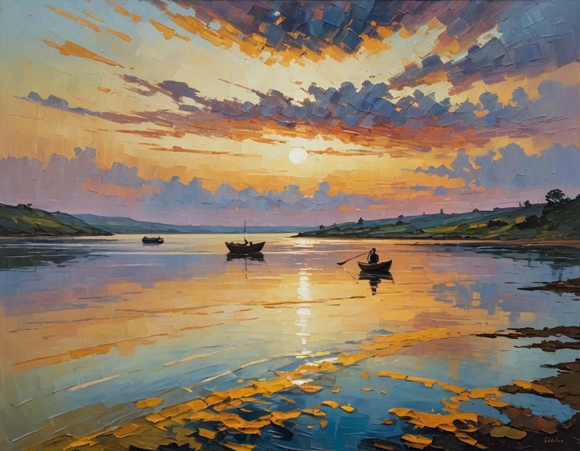 Sunset Seascape with Boat in Impressionistic Style