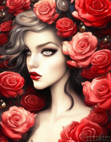 Woman with Red Hair and Rose Beret, Digital Art