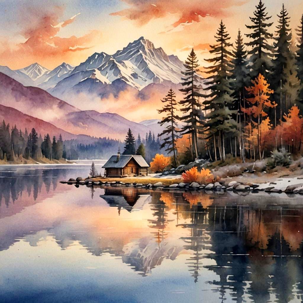 Snowy Mountain Sunrise Over Lake Cabin