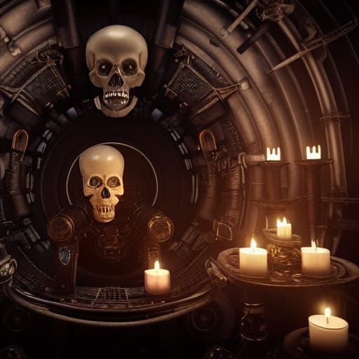 Cybernetic Skull in Candlelit Steampunk Altar