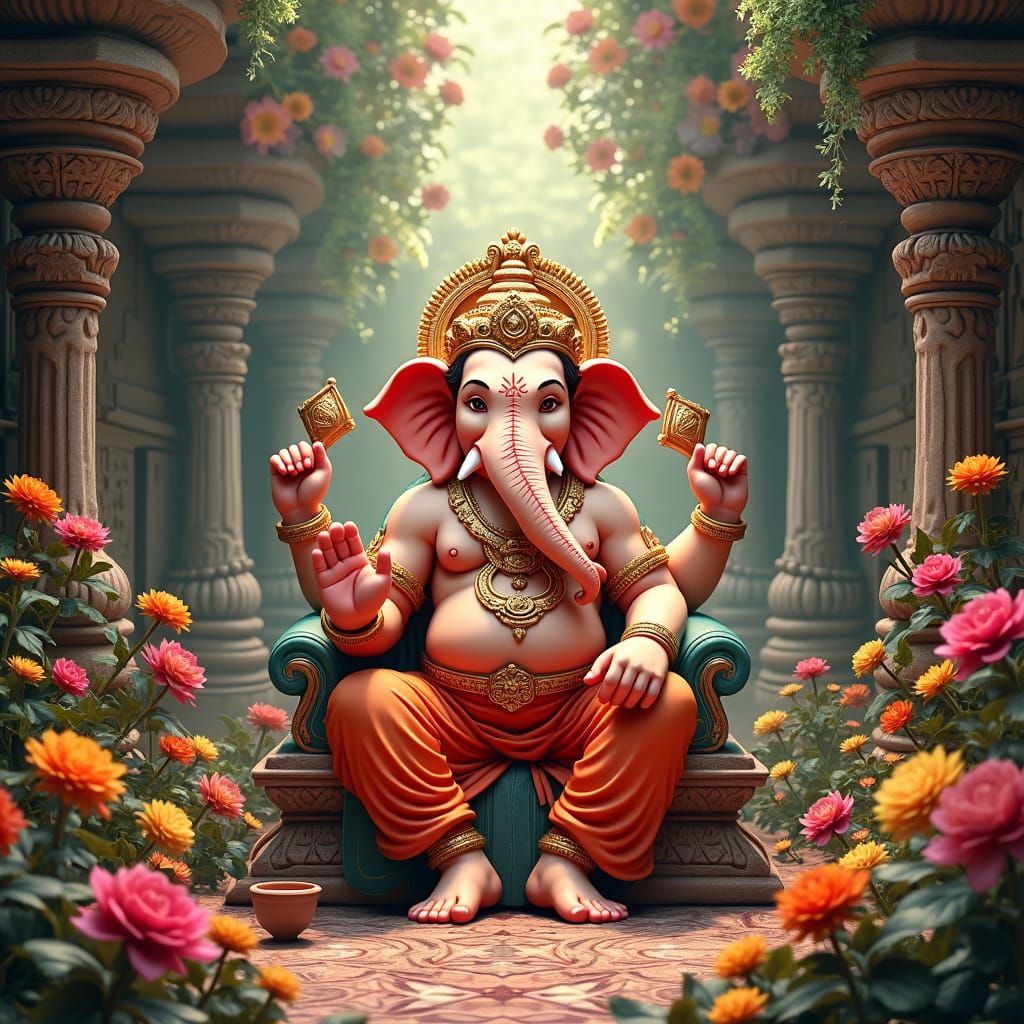 Lord Ganesh in Mystical Temple Garden