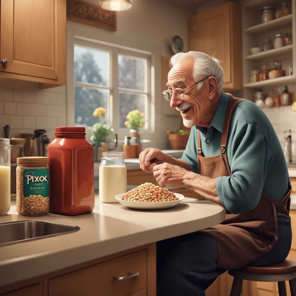 Elderly Man Enjoys Cereal in Pixar Style