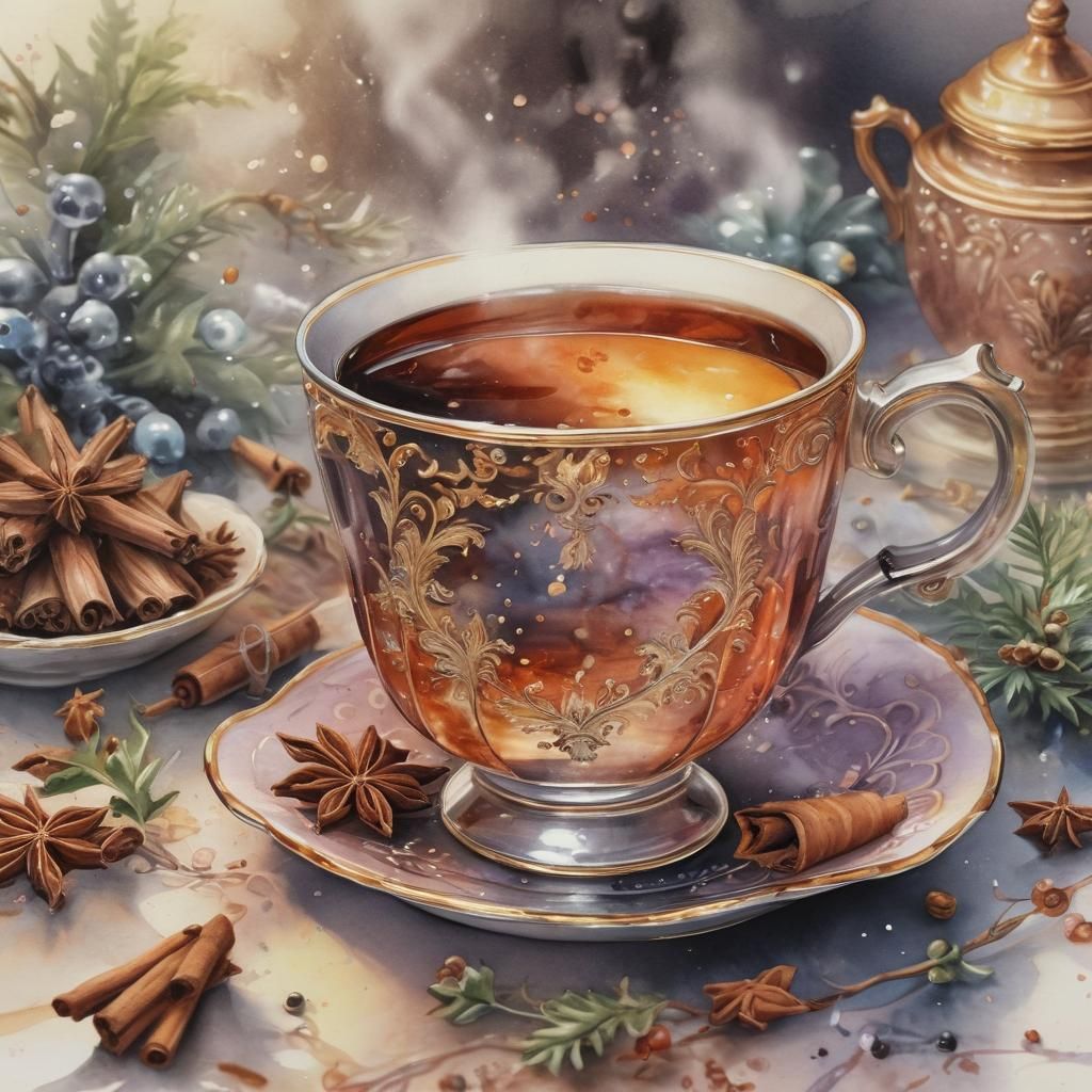 Close up Crystal teacup full of hot Christmas spice black te...