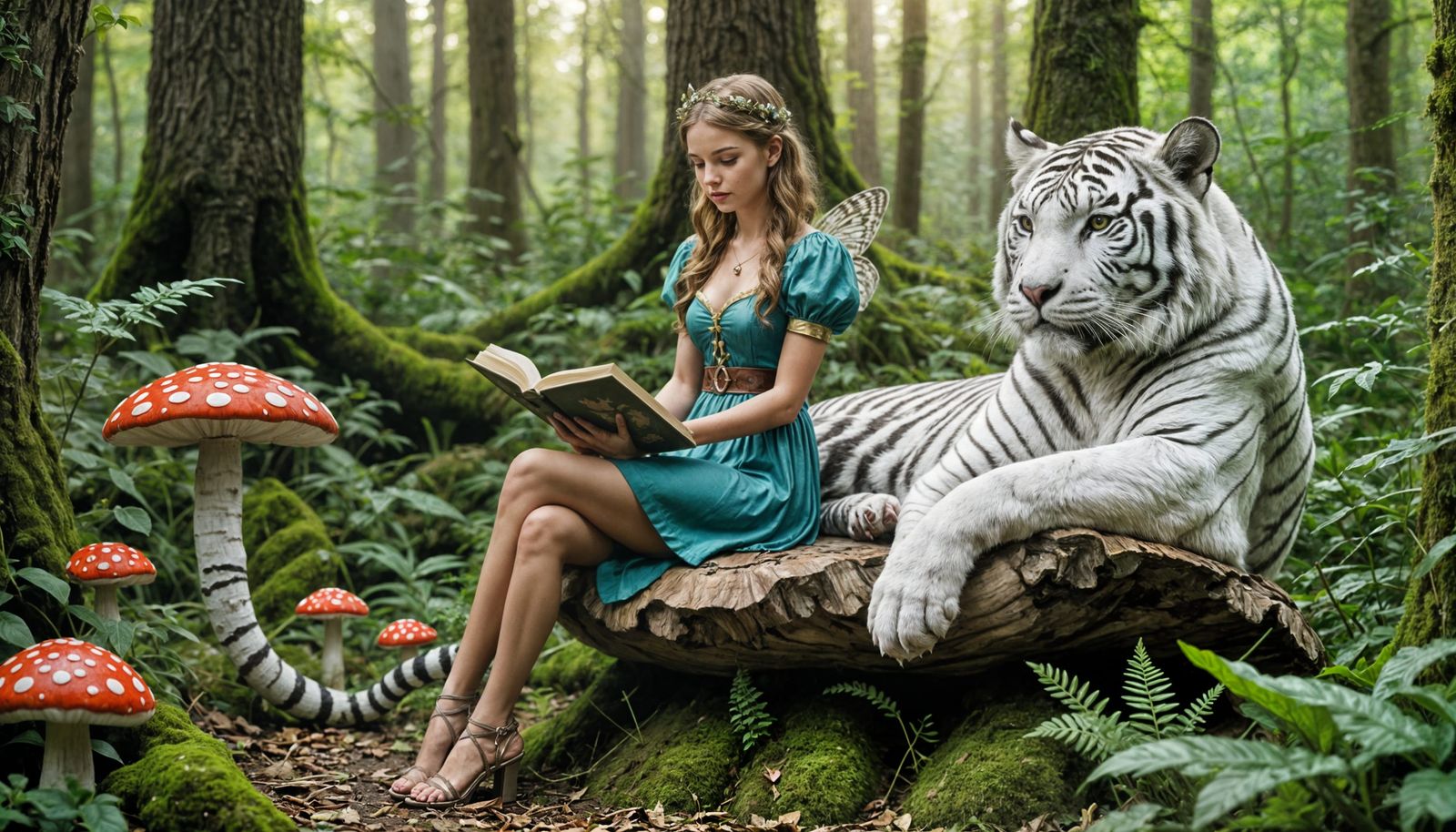 Fairy Reading on Toadstool with White Tiger in Woodland