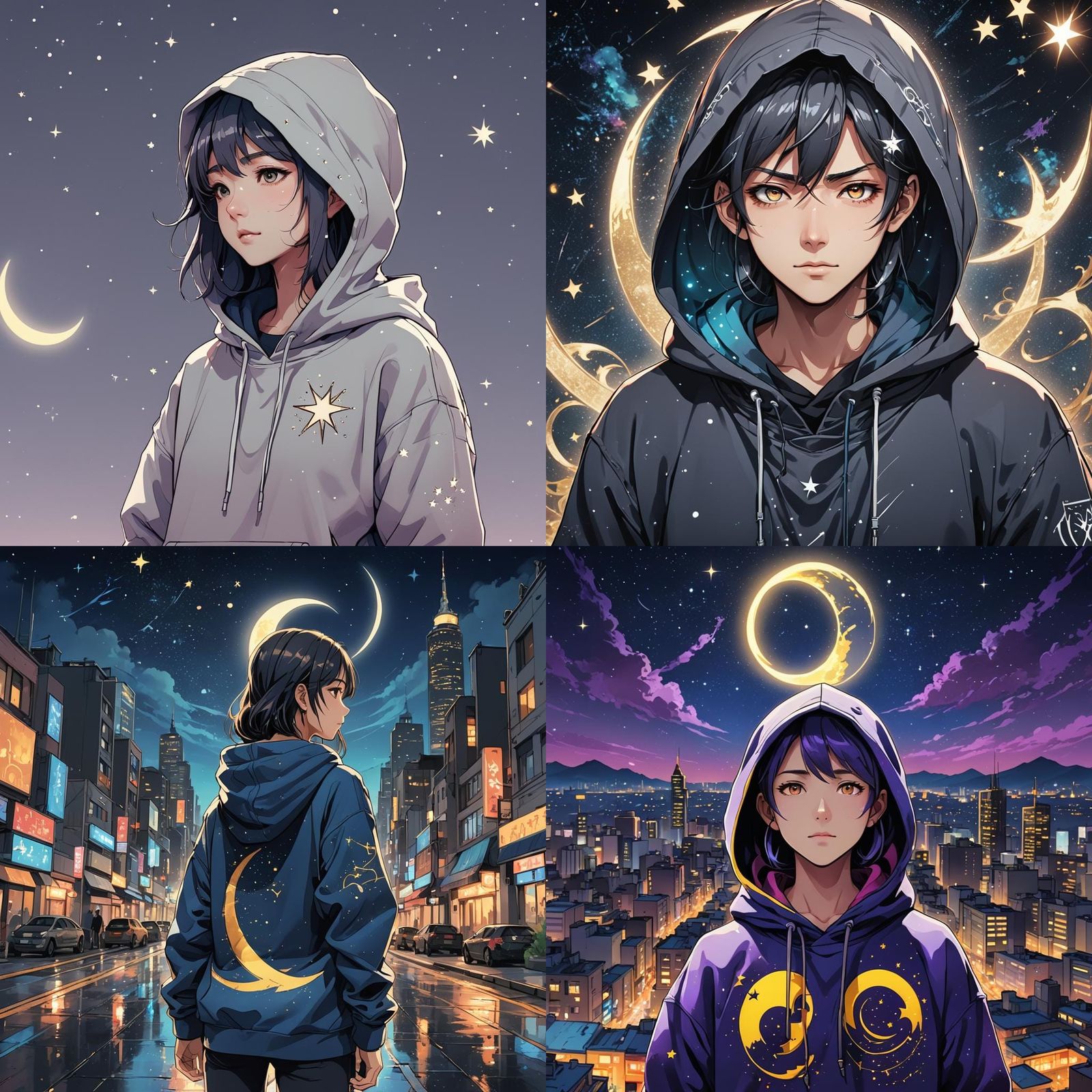 Crescent Moon Hoodie: Cel-Shaded Anime Style