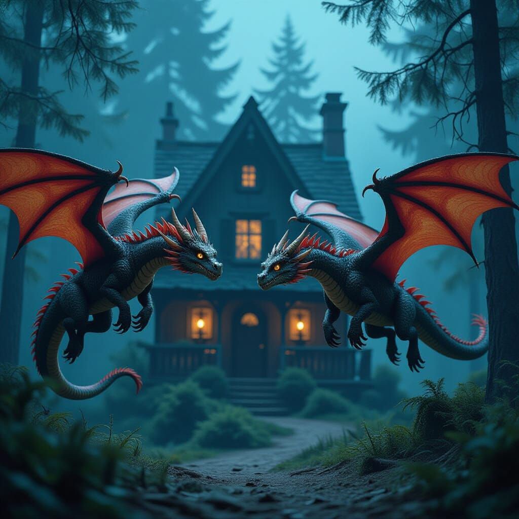 Colorful Dragons Approach Witch's House in Dark Forest