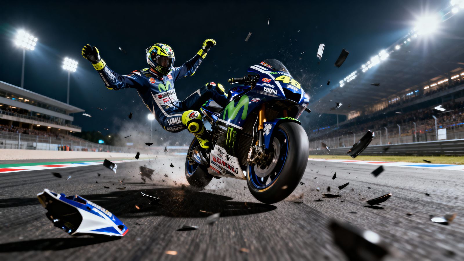 MotoGP Racer High-Side Crash in Photorealistic Action