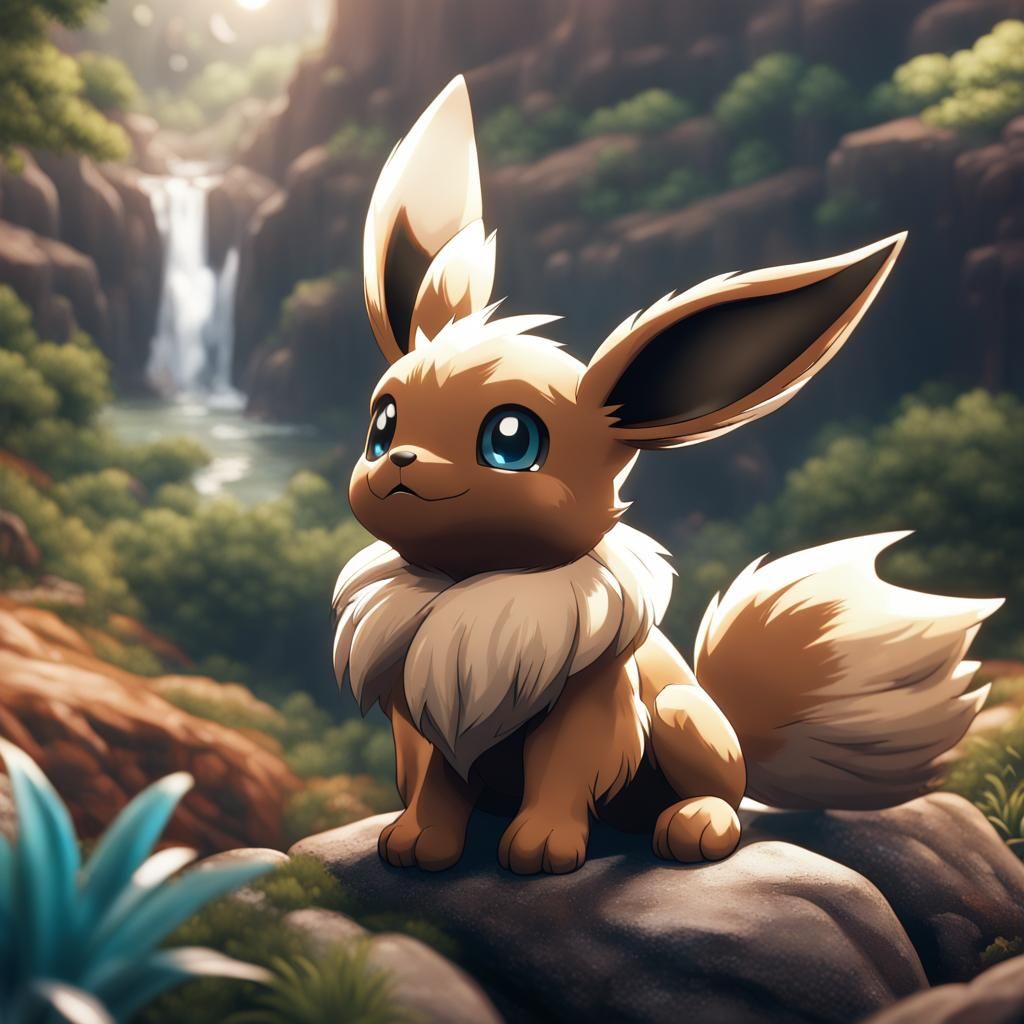 Pokémon Eevee on a Rock: Detailed Matte Painting