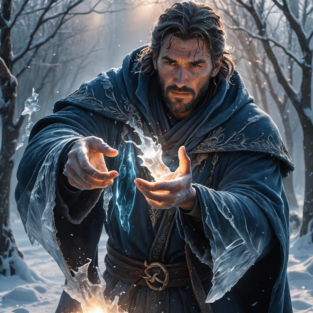 Sorcerer Conjuring Ice Magic in Frozen Tundra